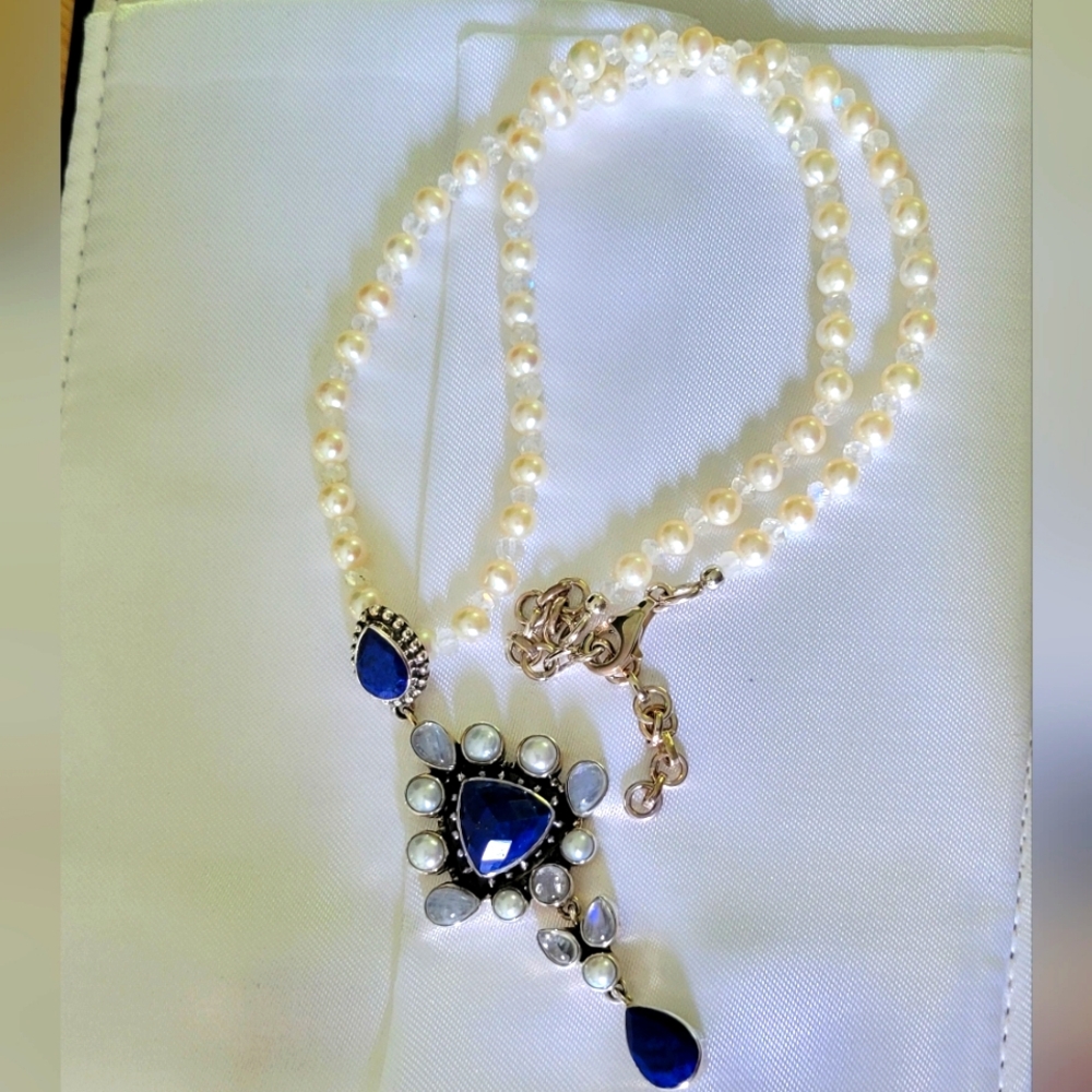Nicky Butler Pearl, moonstone and lapis sterling silver necklace.